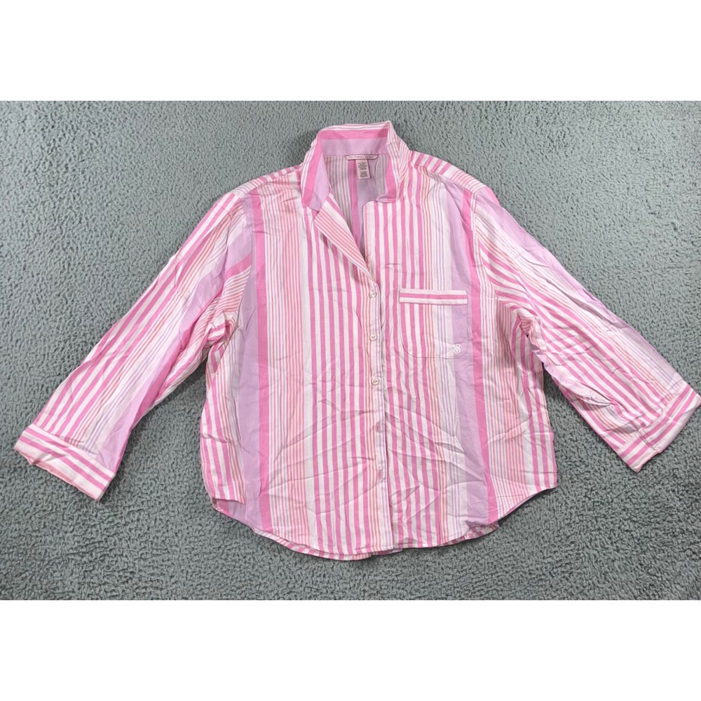 Victorias Secret PINK Pajama Top Women XL Button Front Long Stripped Long Sleeve - Picture 2 of 9